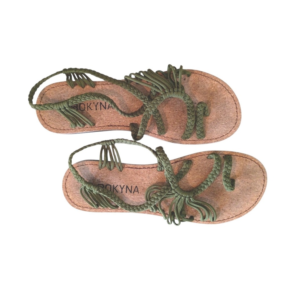 Bokyna Women Olive Green Braided Rope Sandals Cork Vegan Macrame Flats Size 39
